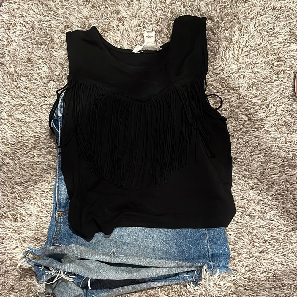Black Fringe Sleeveless Top